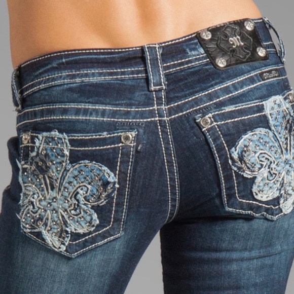 Miss Me Dark Wash Skinny Jeans Bling Pockets Fleur De Lis - 28 - Picture 13 of 13